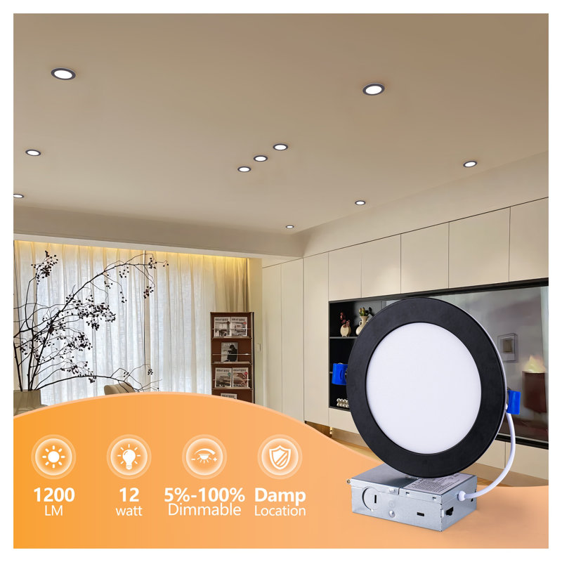 Ensemble de 6 spots encastrés à DEL noirs de 15 cm (6 po), à intensité variable (5 CCT : 2 700 K à 5 000 K), 12 W, 1 200 lm, pour chambre et salon.