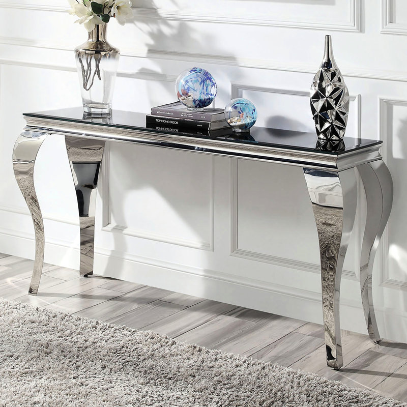 Console transitionnelle avec plateau en verre noir et pieds élégants en acier inoxydable argenté, Noir