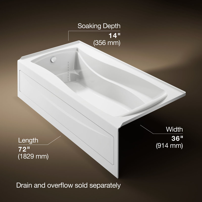 Mariposa 72" x 36" Soaking Bathtub, White, Left