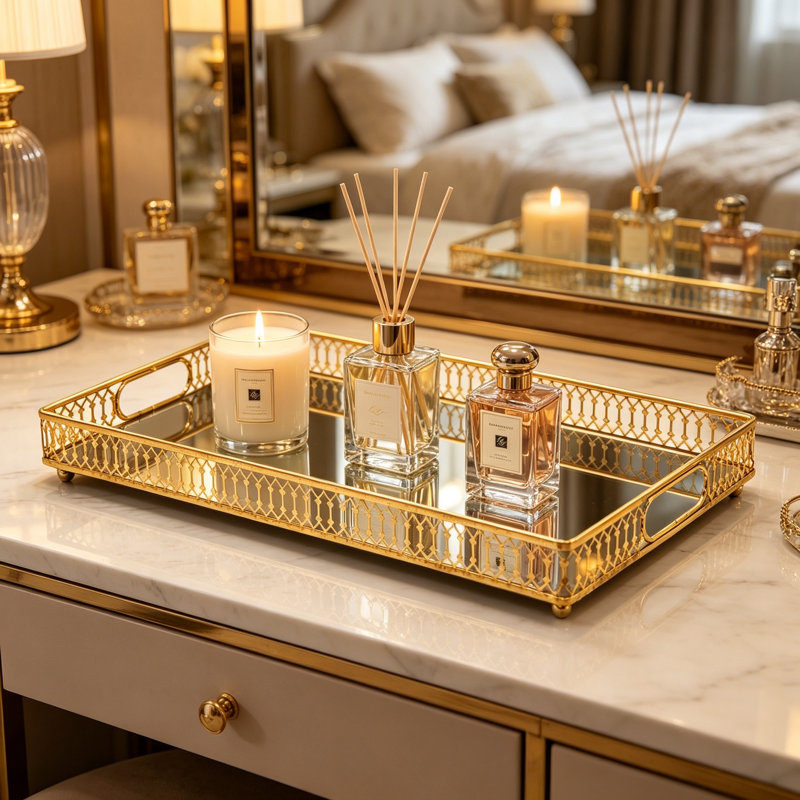 Gold Mirrored Bar Cart Tray With Handles - Large Capacity Decorative Organizer For Liquor Display And Home Decor