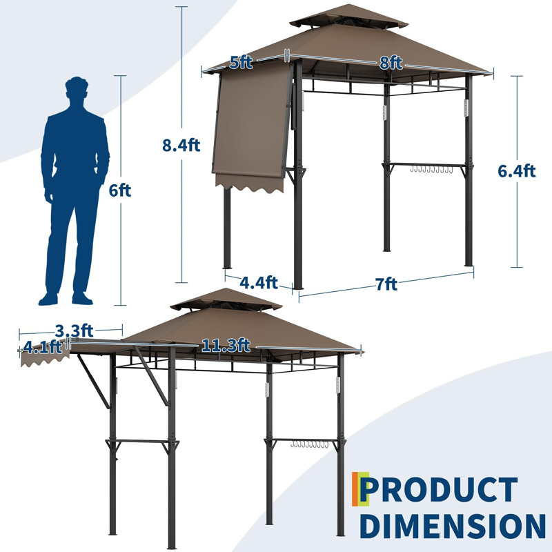 11.3x5 FT BBQ Grill Gazebo with Side Adjustable Side Awning, Double-Tier Vented Canopy, Storage Shelves, Heavy Duty Steel Outdoor Grill Shelter