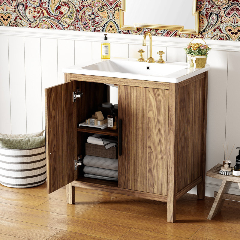 Meuble-lavabo de 30 po de couleur bois avec lavabo simple, lavabo sous comptoir combiné, armoire de rangement de salle de bain avec porte à fermeture douce, rangement multifonctionnel, structure en bois massif
