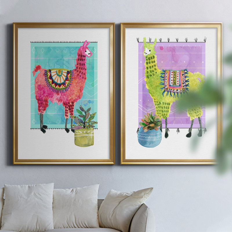 «Lovely Llama III», ensemble de 2 reproductions d'art, Pas de tapis, H 22,5 po x l 61 po x P 1,5 po, Toile encadrée dorée