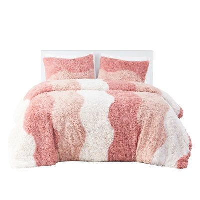 Ombre Shaggy Faux Fur Comforter For Queen Bed, Filling , Tonal Wave Design, 2 Shams, Microfiber Back, Washable Bedding Full/Queen With Fur, Filling, Reverse,