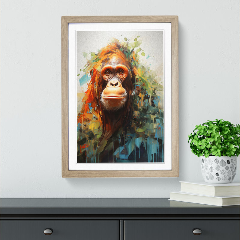 Orangutan Neo-Plasticism - Single Picture Frame Print on Wood, 34cm H x 25cm W x 2cm D, Oak