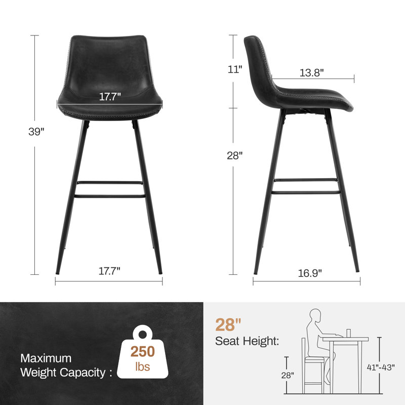 Tabouret de comptoir moderne en similicuir, Noir, noir, noir, noir, Tabouret de bar (siège d'une hauteur de 28 po), 3