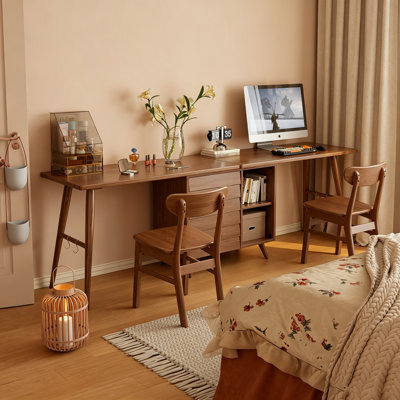 Dual Person Rubber Wood Desk with Drawers