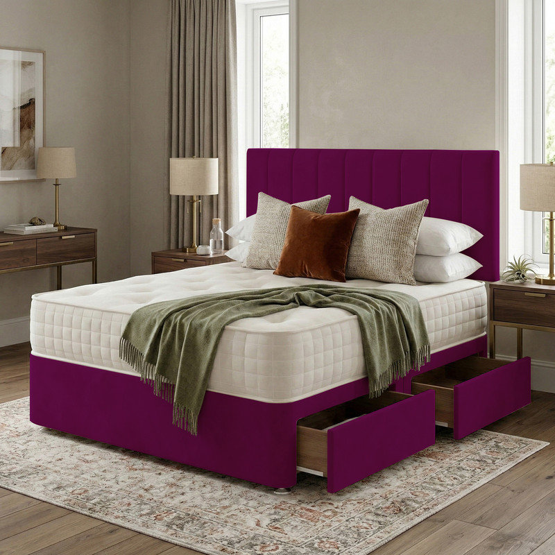 Portland Plush Velvet Divan Bed, Headboard & Mattress, 3ft Single, Burgundy, 2 Drawers Same Side