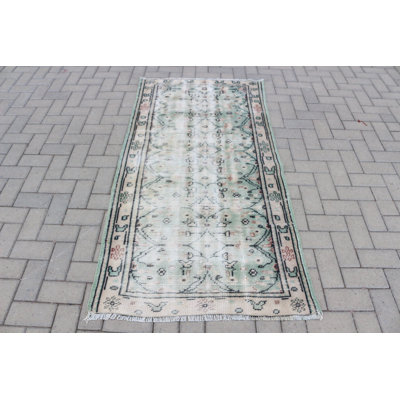 Handmade Wool Area Rug in Bohemian Style Perfect for Entryway and Hallway Decor with Green Oushak Carpet Note from Traditional Turkish Anatolian Runner Design