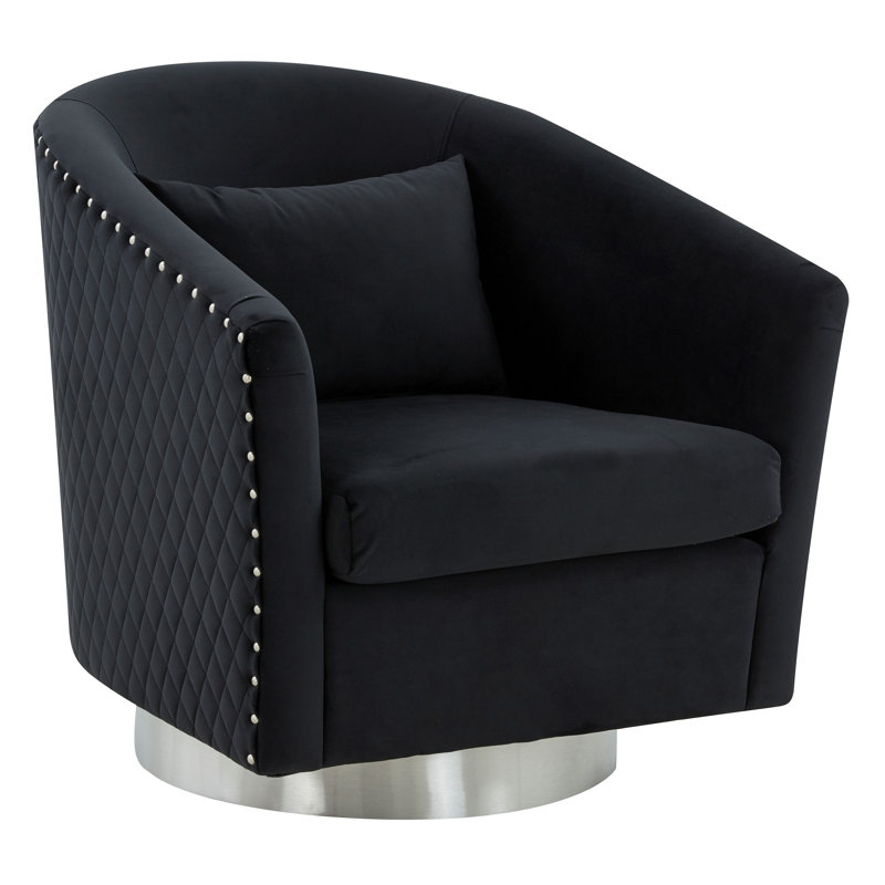 Skye Upholstered Swivel Barrel Chair, Black Velvet, Silver