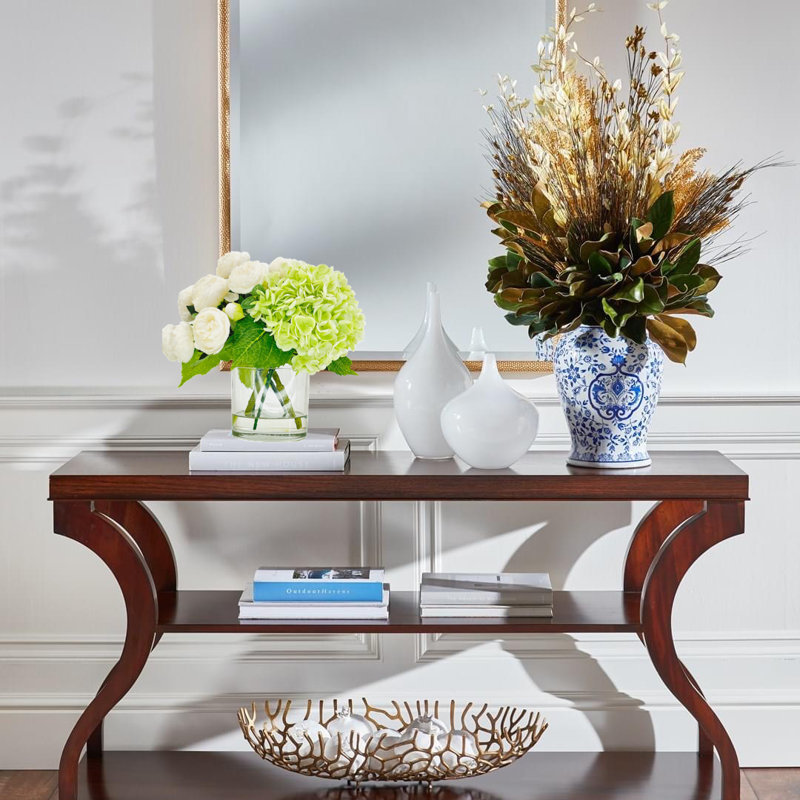 Floral Centerpiece, Faux Peonies And Hydrangeas In Vase