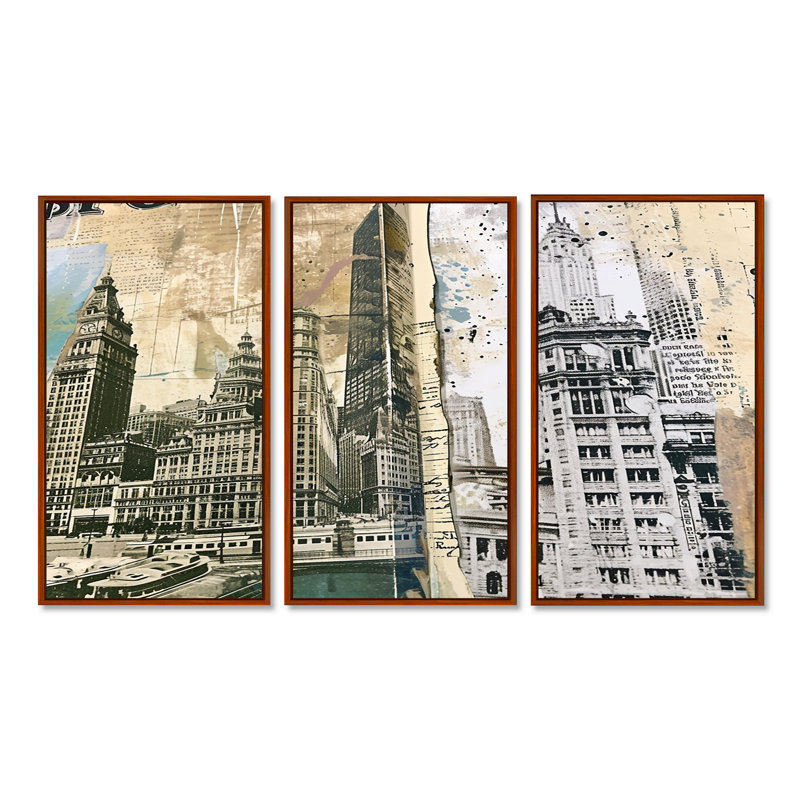 Marblehead - ensemble de reproductions d'art mural Chicago, Cadre flottant brun, H 32 po x l 48 po x P 1 po