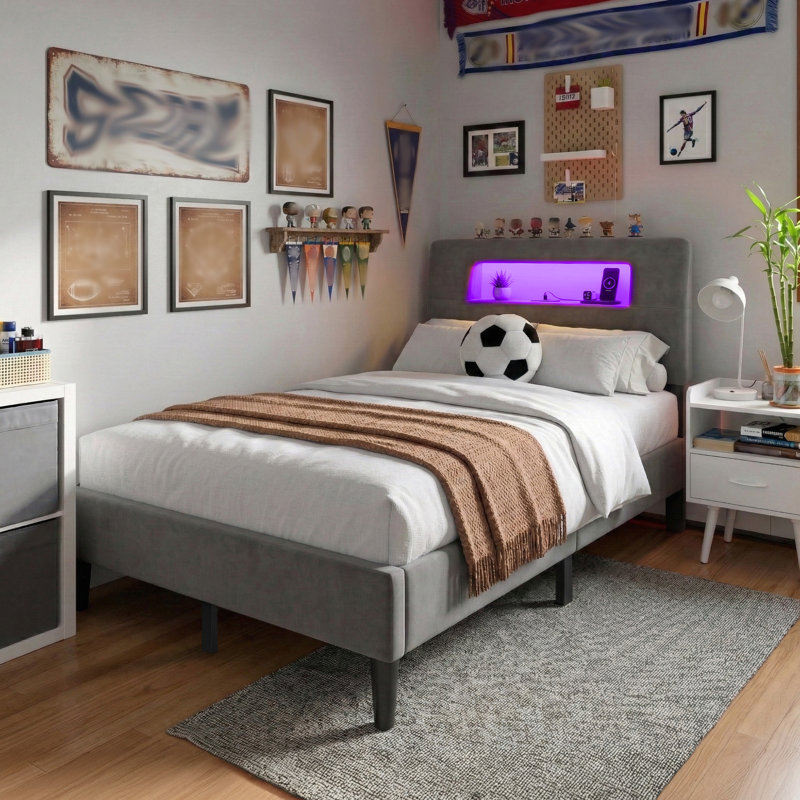 Upholstered Platform Bed with Storage Headboard,Velvet Bed Frame with RGB LED Lights & Charging Station, T, Gray