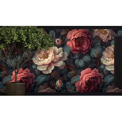 Dark Vintage Dutch Floral Wall Mural Coral Red and Cream Peony Botanical Bloom Wallpaper for Home Decor