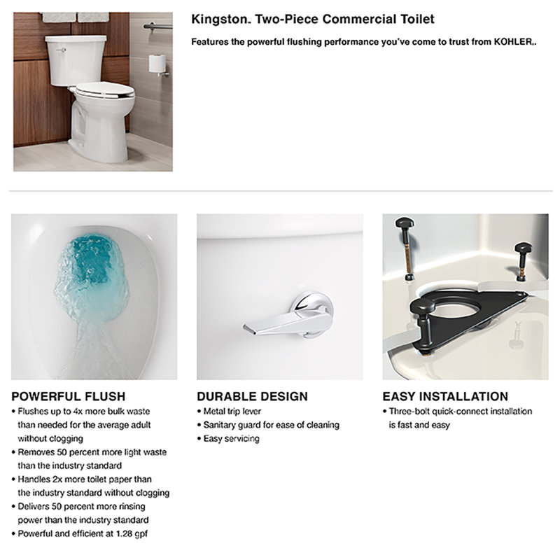 Kingston 1.28 GPF Water Efficient Round Two-Piece toilet (Seat Not Included), Right-Hand
