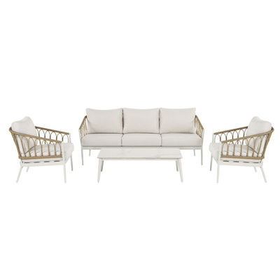 Silvie 4-Piece Wicker Patio Conversation Set With Coffee Table And Beige Cushions