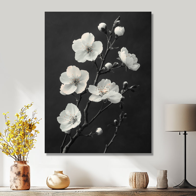 Silhouette de fleur de cerisier noir monochrome II - fleur de cerisier, Toile tendue, H 20 po x l 12 po x P 1 po