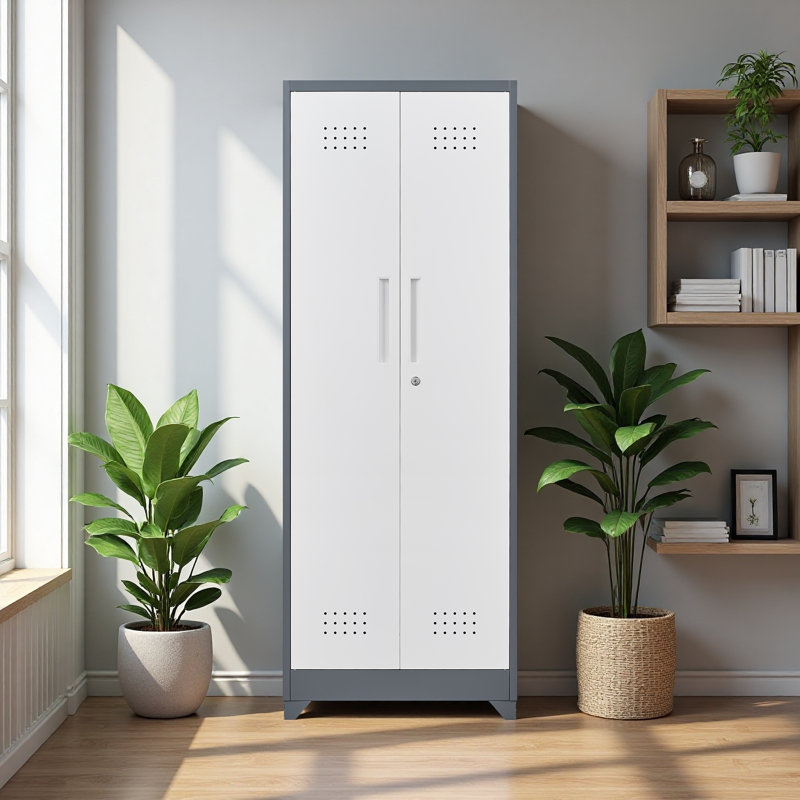 Broom Storage Cabinet With Locking Doors And Shelves, 65" H Metal Storage Cabinet With Hanging Rod & S-Hooks, Cleaning Tool Storage Cabinet