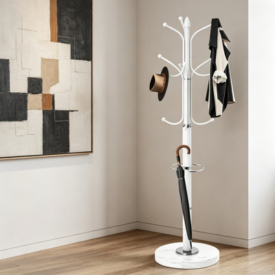 Portemanteau en métal, portemanteau autoportant moderne avec base en marbre naturel, portemanteau robuste avec 12 crochets et porte-parapluie pour sacs, chapeaux et manteaux, vestibule et bureau