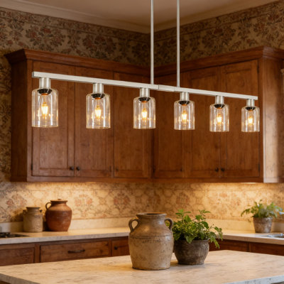 Luminaire suspendu linéaire réglable à 6 lumières avec abat-jour en verre pour îlot de cuisine, salle à manger et salon