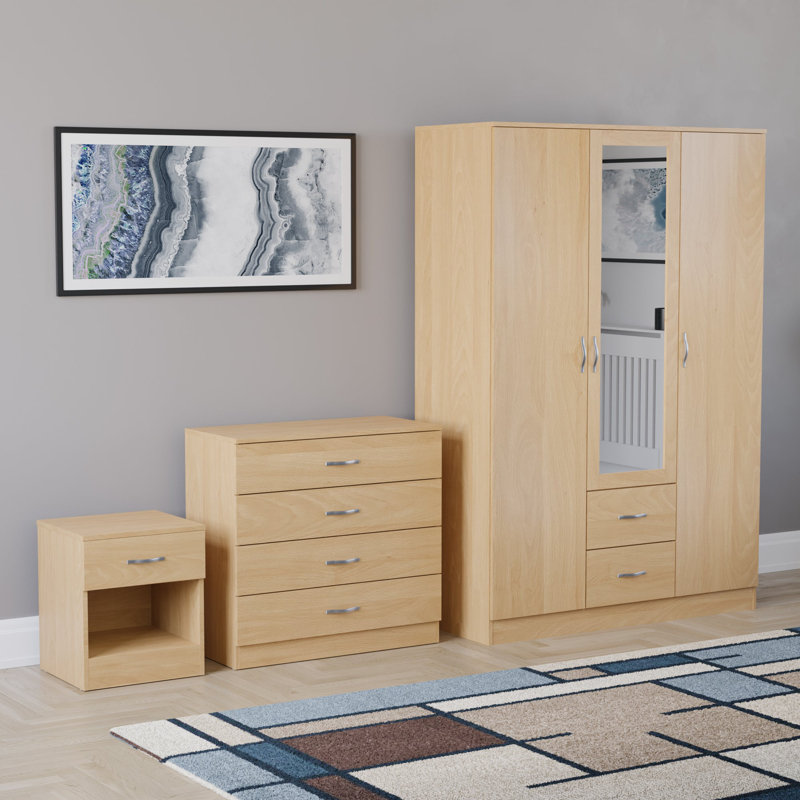 Maybery 3 Piece Bedroom Set (1 Drawer Bedside Chest, 4 Drawer Chest, 3 Door 2 Drawer Mirrored Wardrobe), (5), Pine