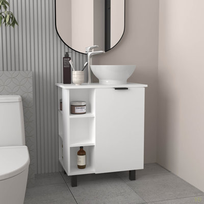 Meuble-lavabo autoportant à vasque avec rangement à une porte et tablettes ouvertes
