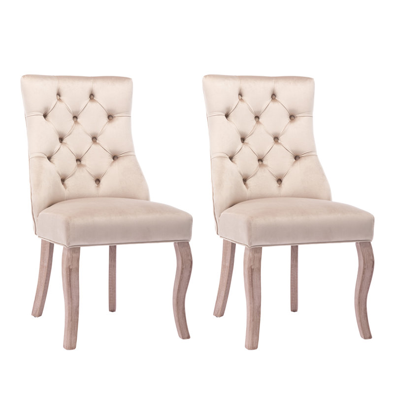 Silsden 52cm H Velvet Upholstered Side Chair, Beige, Natural Wood