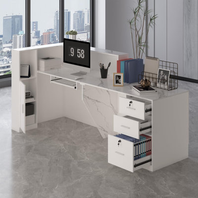 White Marble-Pattern L-Shaped Reception Desk with Lockable Filing Cabinet and Keyboard Tray, Wooden Frame Front Desk for Modern Office Lobby, Clinic, and Salon Reception Area