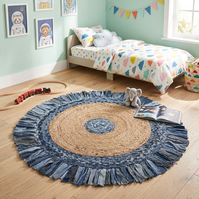 Whimsical Hand-braided Natural Fiber Jute Round Indoor Area Rug with Fringe, Round 3'6"