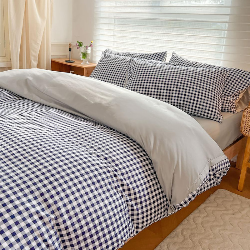 Gingham Duvet Cover Set, Grid Simple Geometric Square Pattern Comforter Cover, Soft Plaid Washed Microfiber Bedding Cover