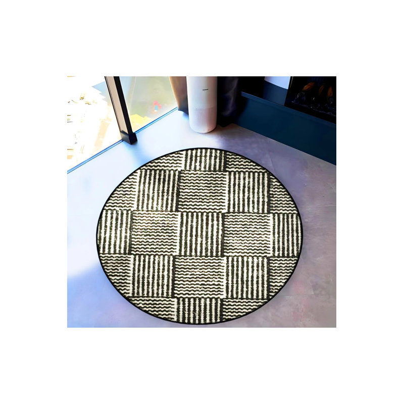 Black And White Jute Look Stripe Patterned Woven Base Decorative Carpet, Round 4'