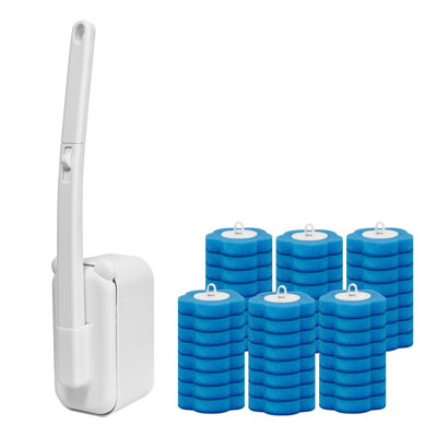 Disposable Toilet Wand Brush Starter Kit, Wall Mounted Holder, 48 Refills, (White)