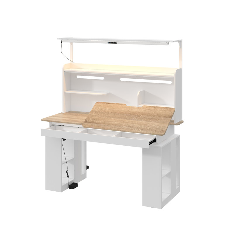 Bureau pour travailler debout électrique de 55 po avec huche, lumière DEL et plateau rabattable, bureau d'ordinateur à hauteur réglable