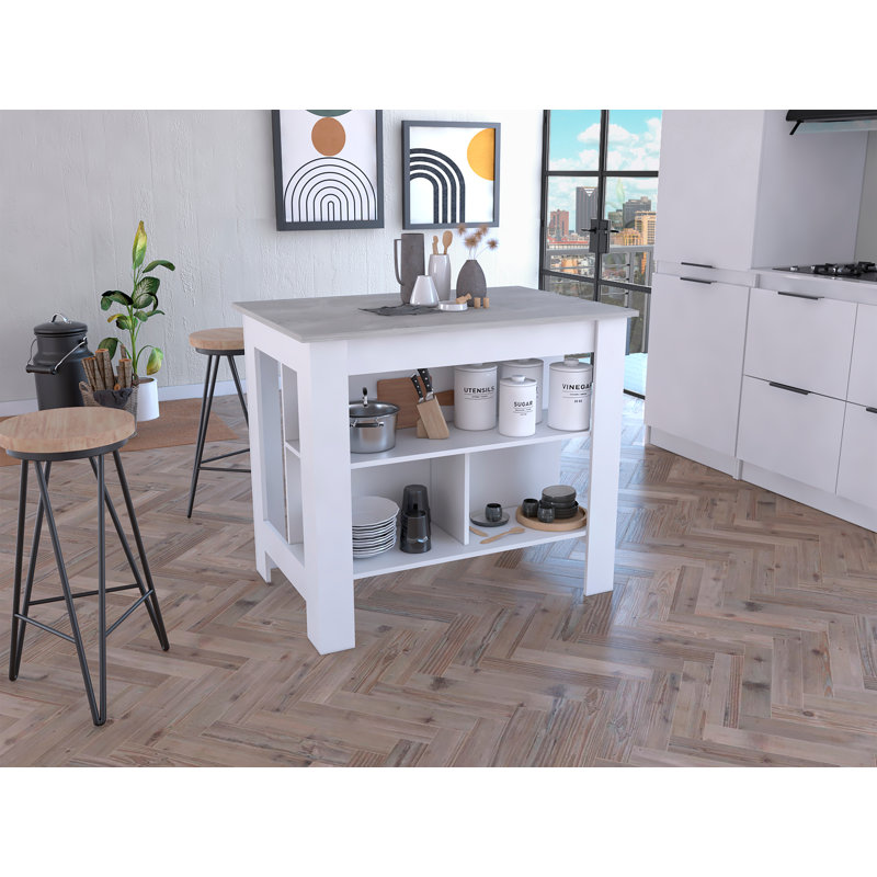 Kitchen Island, Four Legs, Three Shelves  -White / Ibiza Marble, White/Ibiza Marble