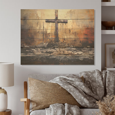 Minimalism Cross Religious - Religious Landscape Wood Art On Natural Pine Wood