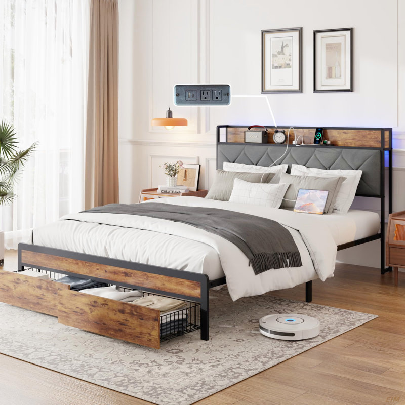 Structure de lit plateforme en métal avec tête de lit capitonnée en velours, 2 tiroirs de rangement, lumière DEL et port de charge USB, panneau en bois brun robuste, aucun sommier requis