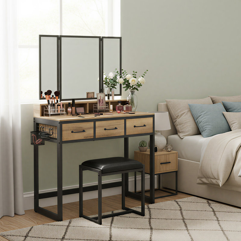 Ensemble de coiffeuse 17 étages avec miroir et tabouret, 3 tiroirs, coiffeuse de maquillage avec miroir pliable en trois, porte-brosses, style industriel