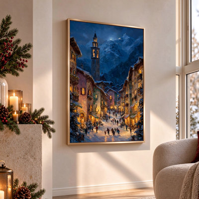 Tableau sur toile représentant une église de rue dans un village alpin la nuit, avec cadre flottant doré, 76 cm (H) x 51 cm (L)