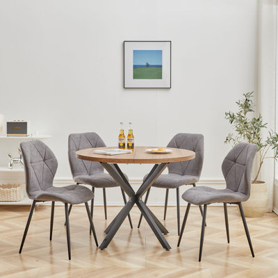 Modern Simple Round Solid Wood Dining Table Set - Set Of 4 Diamond Pattern Velvet Dining Chairs - Metal Legs - For Living Room/Bedroom