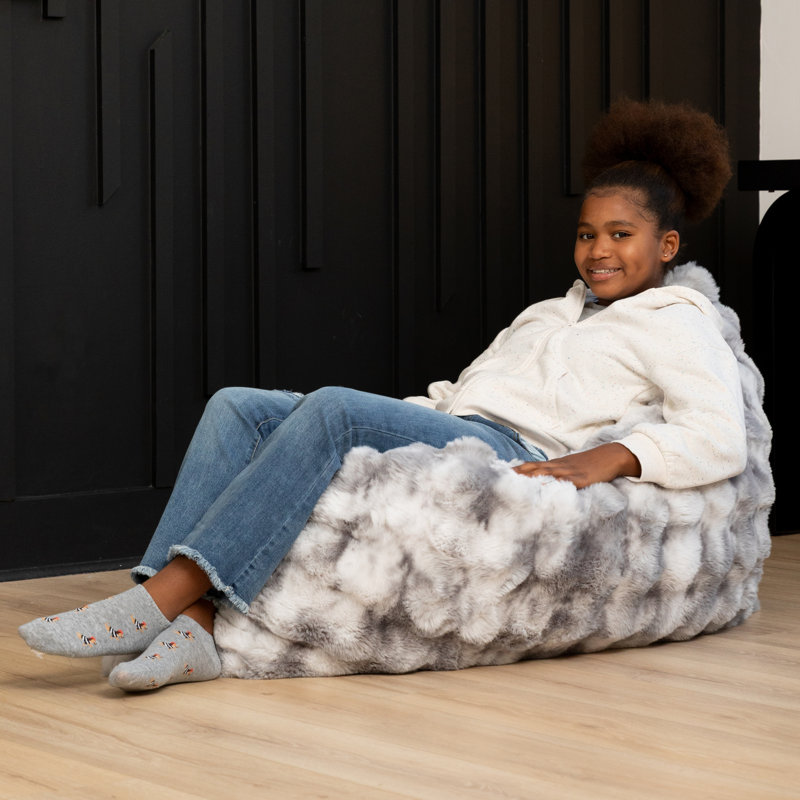 Raven-Symoné Home Pillow Saxx Jr Crash Puff, Giant Floor Pillow & Faux Fur Lounger, Phantom Grey, Gray Faux Fur