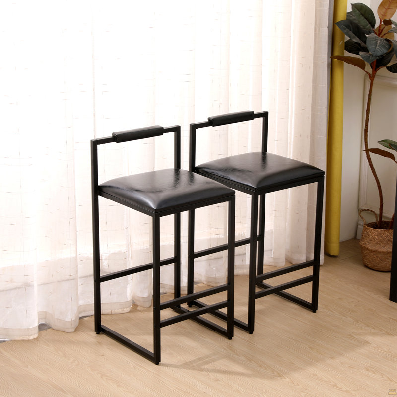 Black Bar Stool With Backrest Set Of 2 Counter Height PU Leather Upholstered Bar Chairs With Footrest
