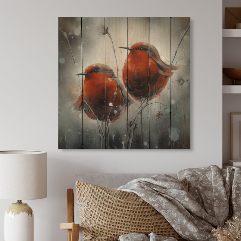 Cordara, deux oiseaux rouges assis sur une branche sur bois, H 35 po x l 35 po x P 0,78 po
