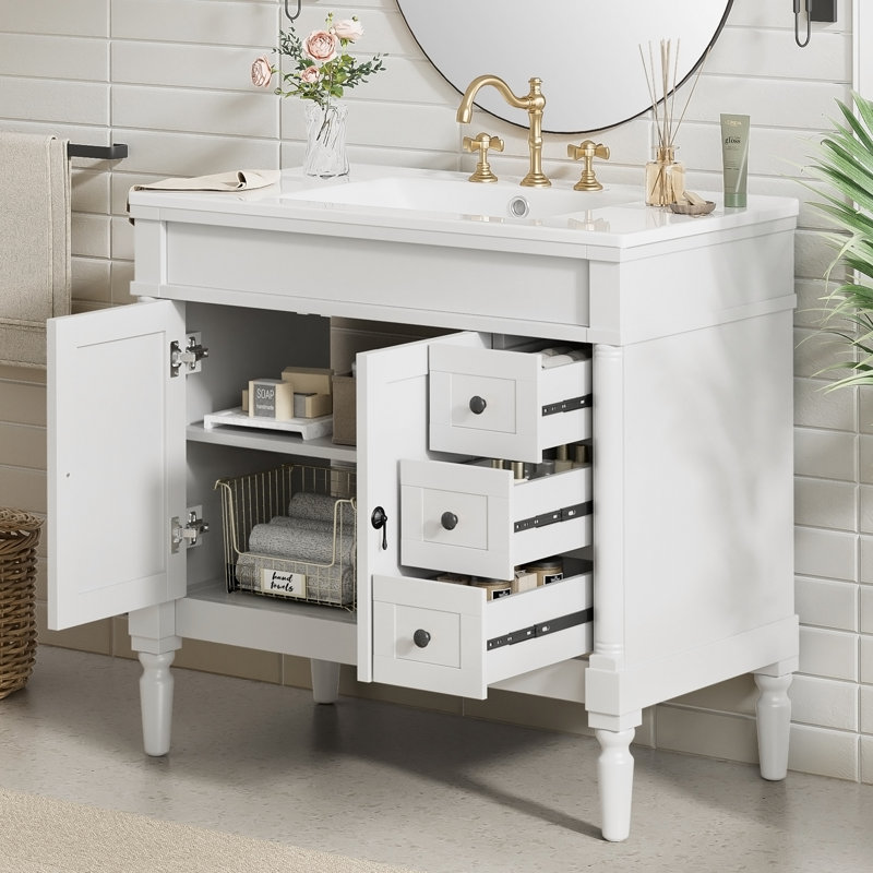 Meuble-lavabo 36 po avec lavabo en céramique, tiroirs standard, portes à fermeture douce, tablettes réglables, armoire de rangement moderne pour petites et moyennes salles de bain