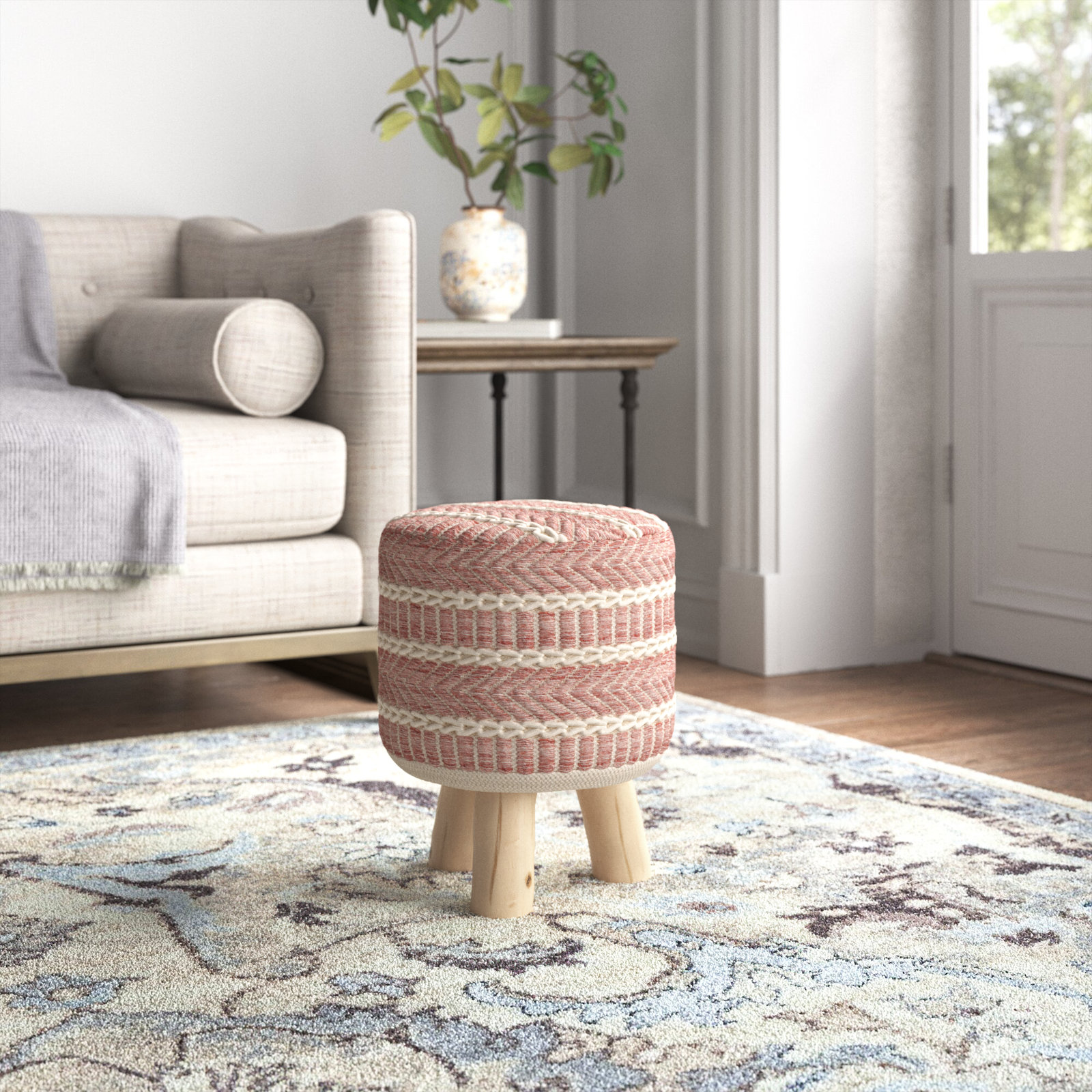 Round Ottoman Foot Rest Stool, Small Fabric Footstool with Non-Skid Wood Legs, Beige Corrigan Studio