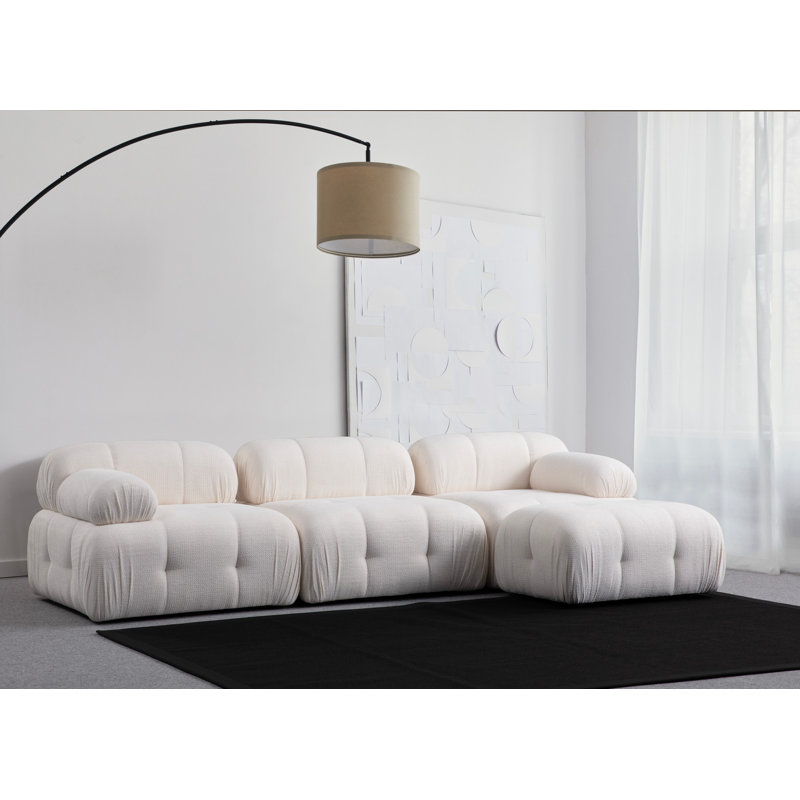 Élégant canapé d'angle, tissu blanc, 114,2 po x 62,9 po x 29,5 po | Structure en bois de hêtre durable et panneau en bois aggloméré, revêtement 100% polyester | Mousse grise douce et mousse de silicone pour le confort, design moderne pour le salon