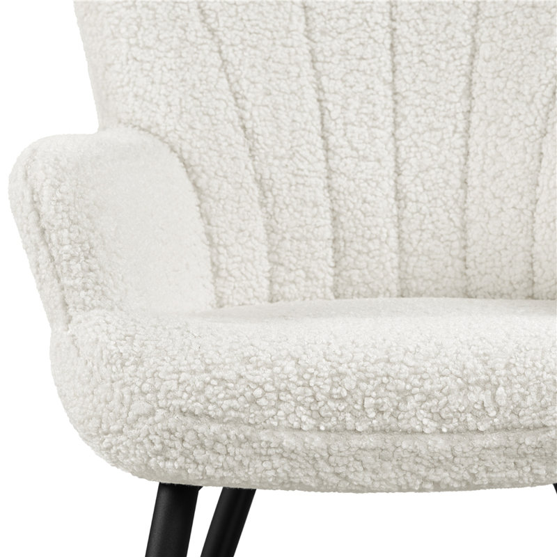 color 125kg Load Capacity Modern Accent Chair with Wing Side and Metal Legs, Black, Ivory Boucle
