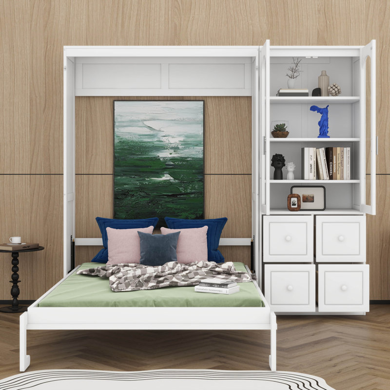 Queen Size Murphy Bed with Reversible Left-Right Side Cabinet, Acrylic Doors, White