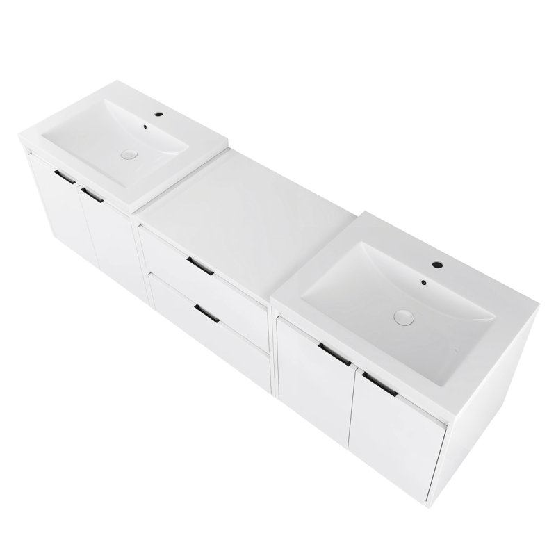 Meuble-lavabo 72 po avec lavabo en résine, portes à fermeture en douceur et 1 armoire latérale, conception à fixation flottante, blanc brillant, contreplaqué (emballage KD) - 24 po x 2 + 24 po