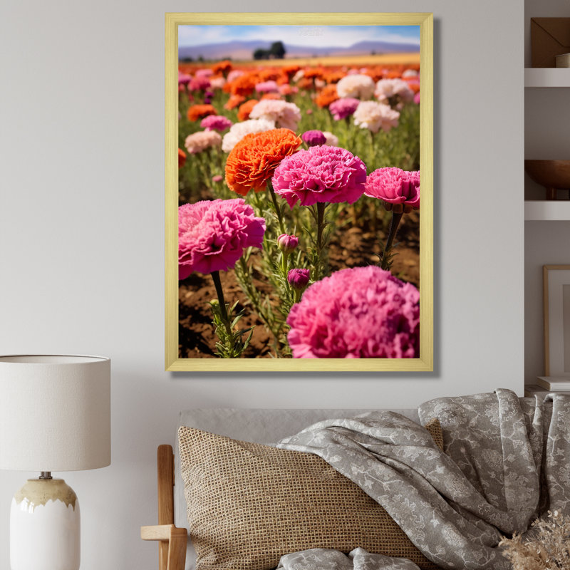Rose, blanc, orange, œillets, art mural sur toile, H 40 po x l 30 po x P 1,5 po, Cadre photo doré simple