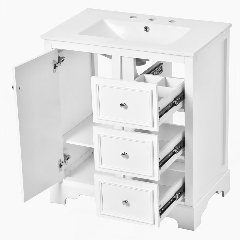 Meuble-lavabo de salle de bain avec lavabo, armoire de rangement avec 3 tiroirs et tablettes réglables, Blanc